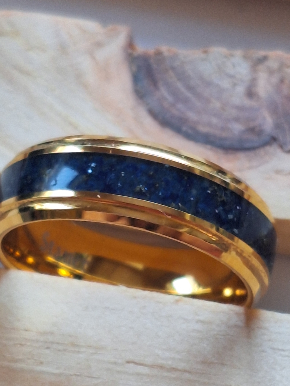 Gold-Tone Tungstun Ring with Lapis Lazuli Inlay